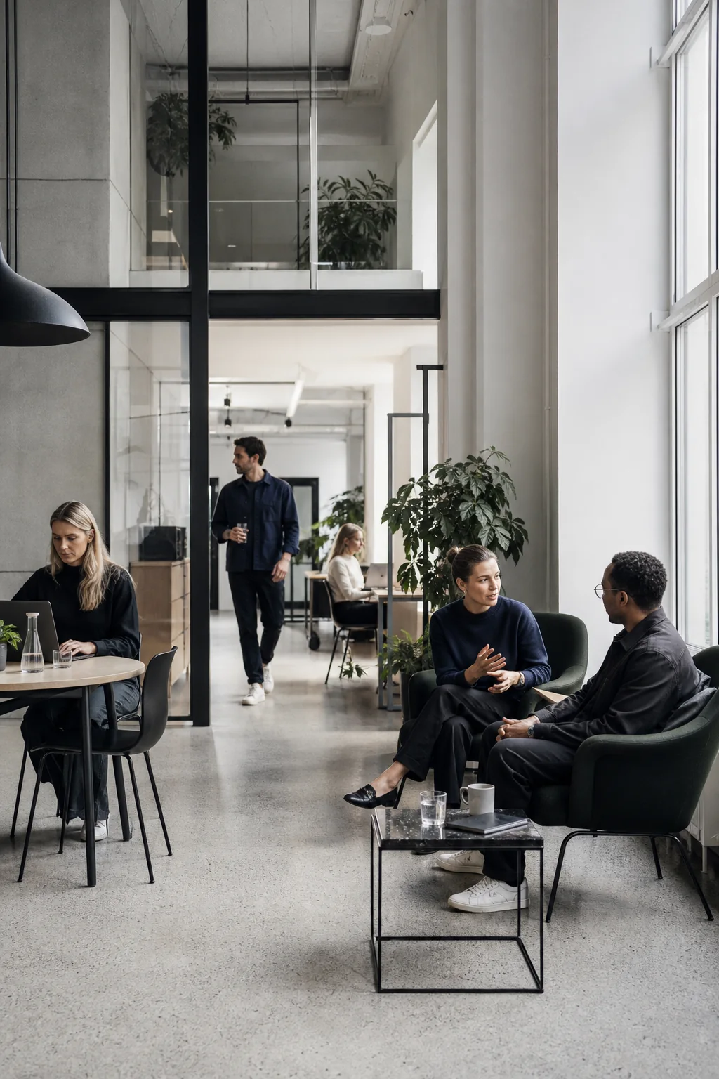 Fem personer arbetar och samtalar i en ljus coworkingmiljö